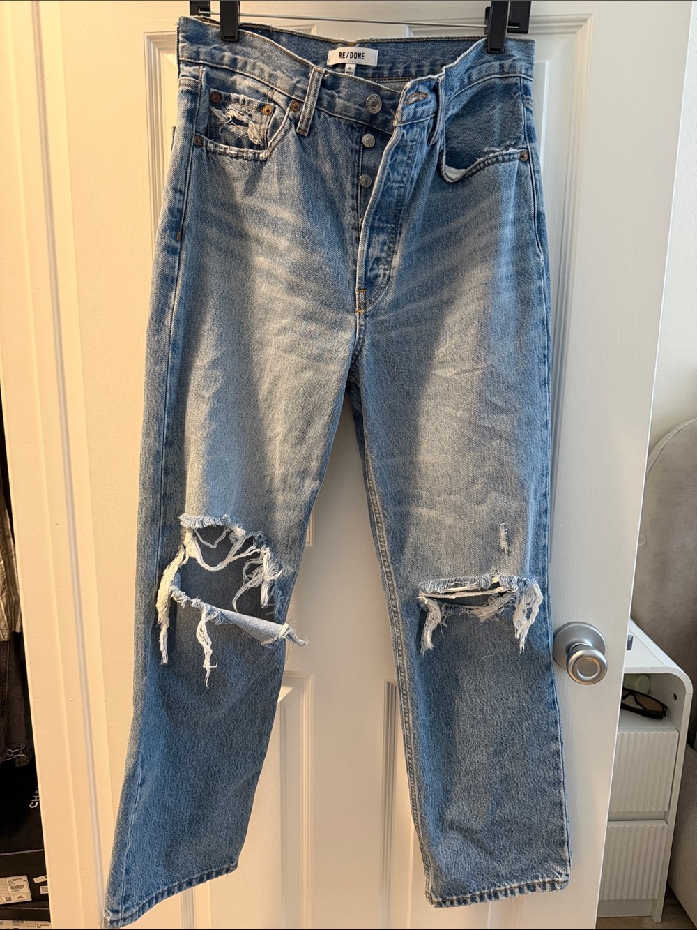 Re/Done Washed Blue Distressed Straight Jeans